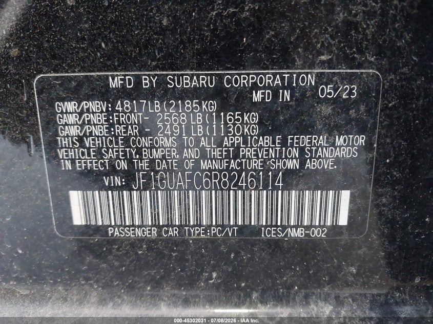 2024 Subaru Impreza VIN JF1GUAFC6R8246114 IAAI salvage auction — FRONT END, Salvage Title, sold $11,950 on 2026-08-19 (photo 9)