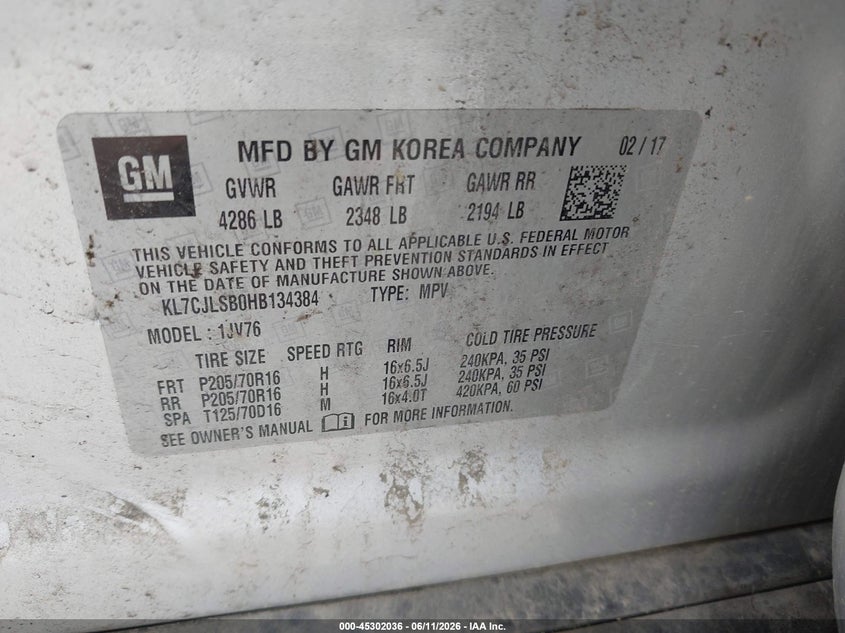 2017 Chevrolet Trax VIN KL7CJLSB0HB134384 IAAI salvage auction — FRONT END, Salvage Title, sold $1,750 on 2026-07-14 (photo 9)