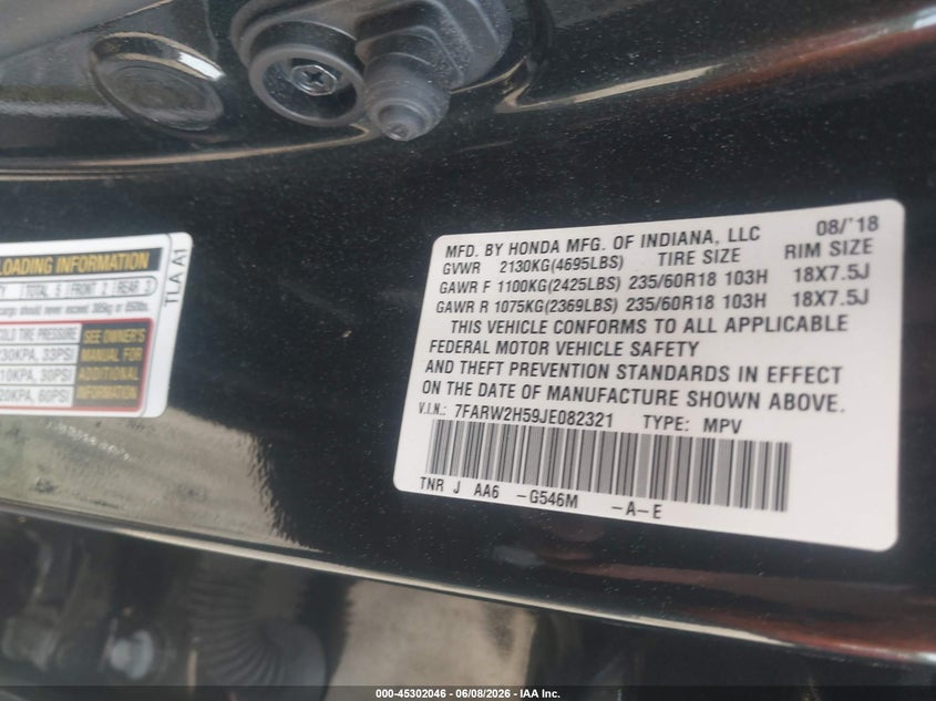 2018 Honda Cr-v VIN 7FARW2H59JE082321 IAAI salvage auction — RIGHT REAR, Salvage Title, sold $6,100 on 2026-07-10 (photo 9)