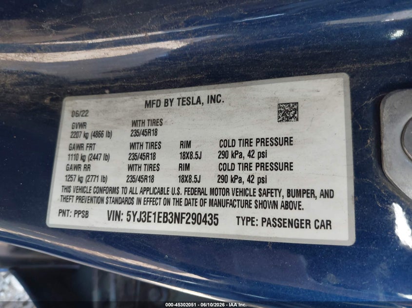 2022 Tesla Model 3 VIN 5YJ3E1EB3NF290435 IAAI salvage auction — FRONT & REAR, Clear (Oklahoma), sold $5,300 on 2026-08-01 (photo 9)