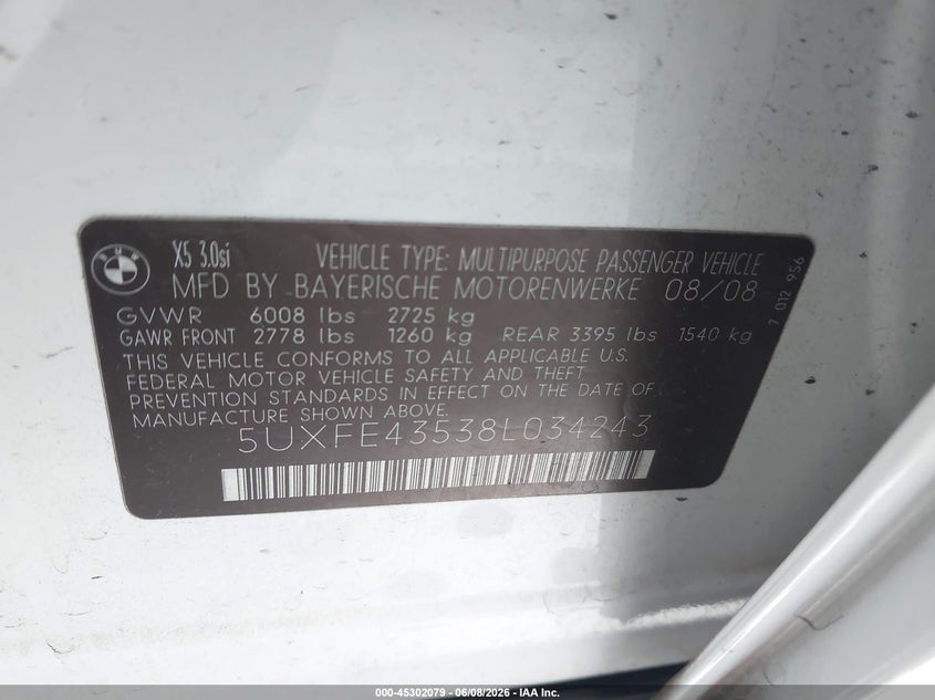 2008 BMW X5 VIN 5UXFE43538L034243 IAAI salvage auction — FRONT END, Salvage (California), sold $825 on 2026-07-09 (photo 9)