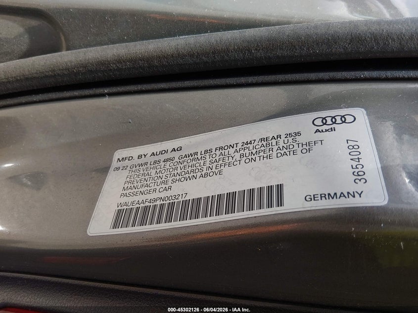2023 Audi A4 VIN WAUEAAF49PN003217 IAAI salvage auction — FRONT END, Salvage Title, sold $4,575 on 2026-07-15 (photo 9)