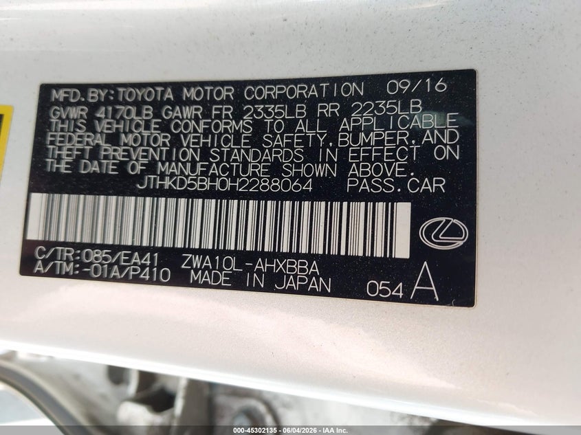 2017 Lexus Ct VIN JTHKD5BH0H2288064 IAAI salvage auction — RIGHT FRONT, Salvage Title, sold $3,550 on 2026-07-27 (photo 9)