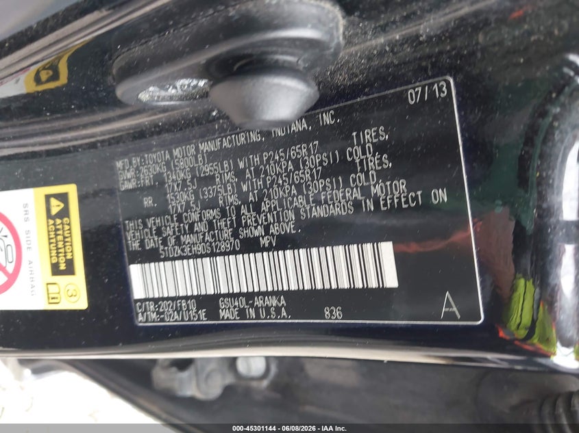 2013 Toyota Highlander VIN 5TDZK3EH9DS128970 IAAI salvage auction — REAR END, Salvage (Illinois), sold $3,150 on 2026-07-21 (photo 9)