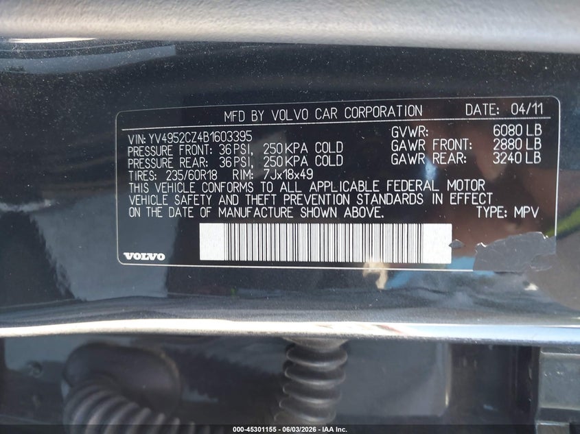 2011 Volvo Xc90 VIN YV4952CZ4B1603395 IAAI salvage auction — NORMAL WEAR, Original (Maine), sold $450 on 2026-07-06 (photo 9)