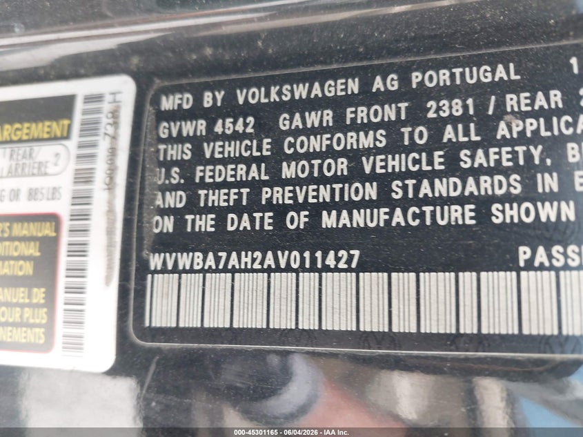 2010 Volkswagen Eos VIN WVWBA7AH2AV011427 IAAI salvage auction — NORMAL WEAR, Clear (New York), sold $325 on 2026-07-14 (photo 9)