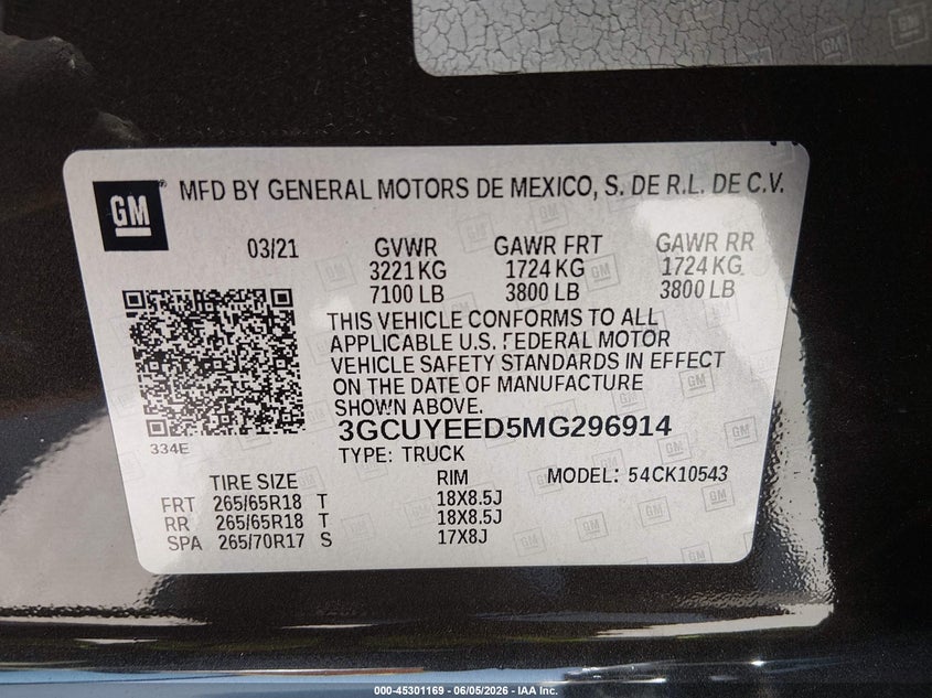 2021 Chevrolet Silverado VIN 3GCUYEED5MG296914 IAAI salvage auction — FRONT END, Salvage Title, sold $10,400 on 2026-07-29 (photo 9)