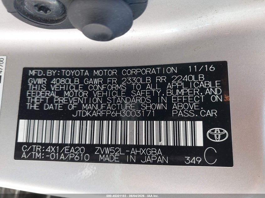 2017 Toyota Prius VIN JTDKARFP6H3003171 IAAI salvage auction — LEFT FRONT, Salvage (California), sold $4,950 on 2026-07-28 (photo 9)