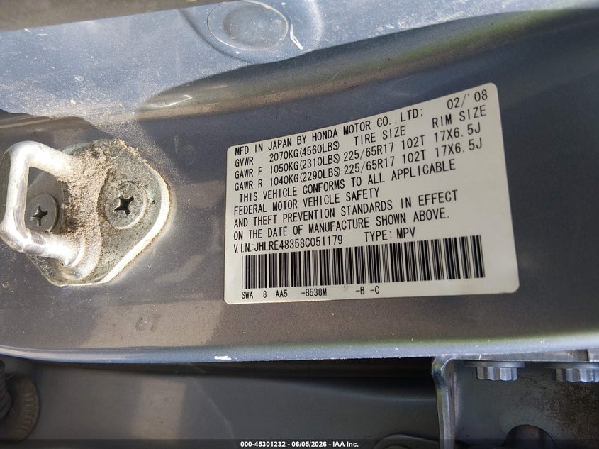 2008 Honda Cr-v VIN JHLRE48358C051179 IAAI salvage auction — FRONT END, Salvage (Colorado), sold $550 on 2026-07-28 (photo 9)