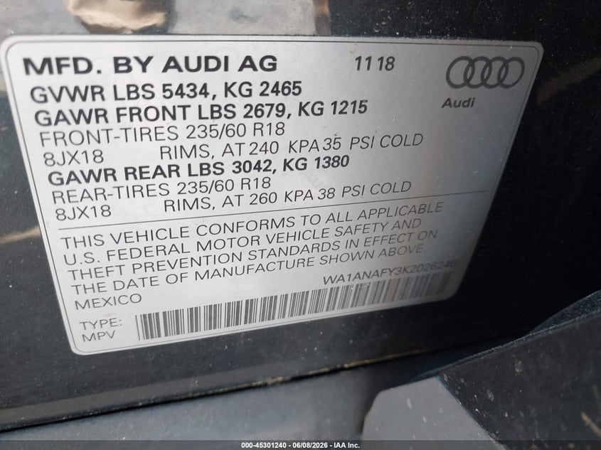 2019 Audi Q5 VIN WA1ANAFY3K2026246 IAAI salvage auction — FRONT END, Salvage Title, sold $6,850 on 2026-07-21 (photo 9)