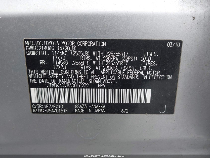 2010 Toyota Rav 4 VIN JTMBK4DV8AD016232 IAAI salvage auction — SIDE, Bill Of Sale (Washington), sold $1,750 on 2026-07-18 (photo 9)
