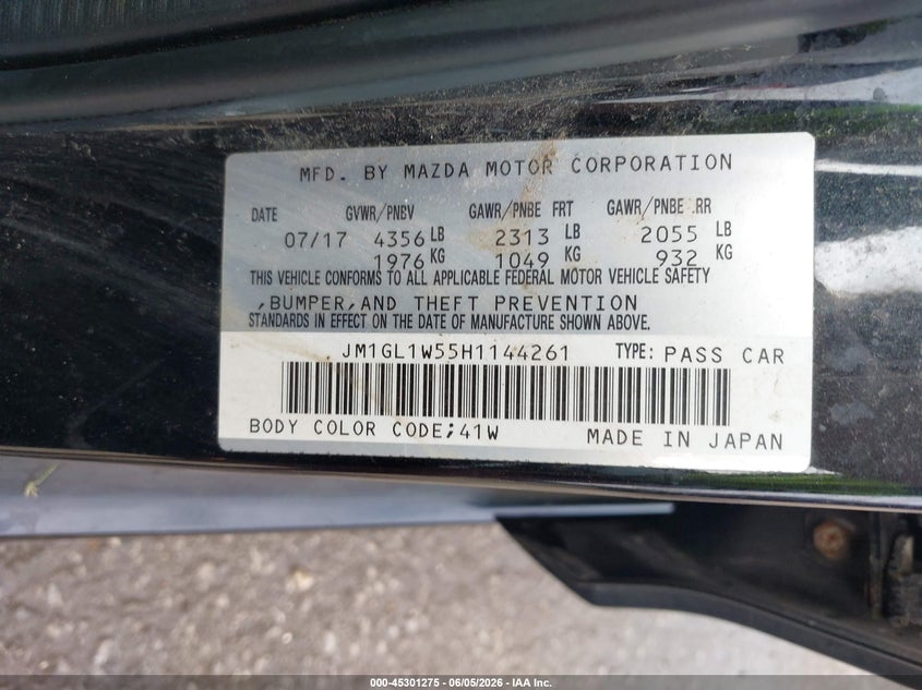 2017 Mazda 6 VIN JM1GL1W55H1144261 IAAI salvage auction — LEFT SIDE, Salvage (Louisiana), sold $2,700 on 2026-07-28 (photo 9)