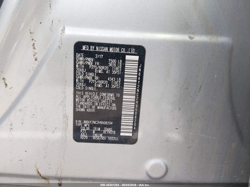 2017 Nissan Armada VIN JN8AY2NC2H9508204 IAAI salvage auction — FRONT END, Salvage Title, sold $3,800 on 2026-07-07 (photo 9)