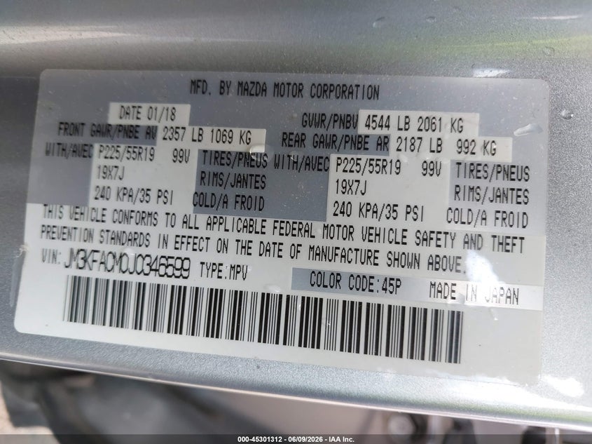 2018 Mazda Cx-5 VIN JM3KFACM0J0346599 IAAI salvage auction — FRONT END, Wait Title, sold $1,800 on 2026-08-24 (photo 9)