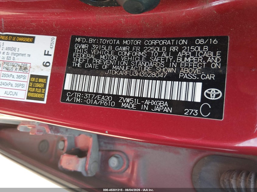 2017 Toyota Prius VIN JTDKARFU3H3528047 IAAI salvage auction — FRONT END, Salvage Title, sold $3,850 on 2026-07-30 (photo 9)