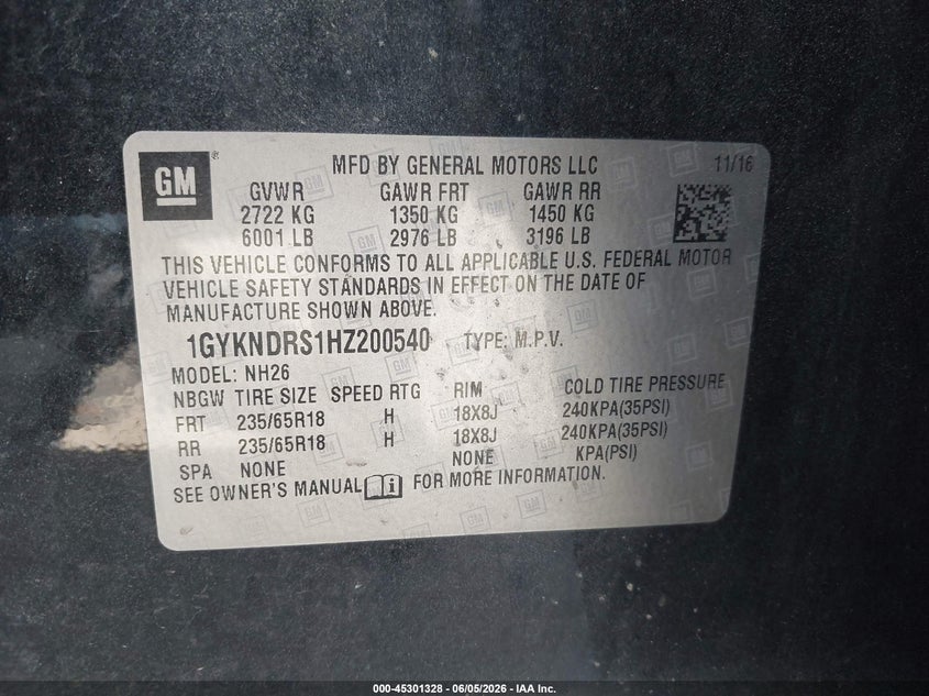 2017 Cadillac Xt5 VIN 1GYKNDRS1HZ200540 IAAI salvage auction — FRONT END, Mv-907A (New York), sold $3,200 on 2026-07-24 (photo 9)