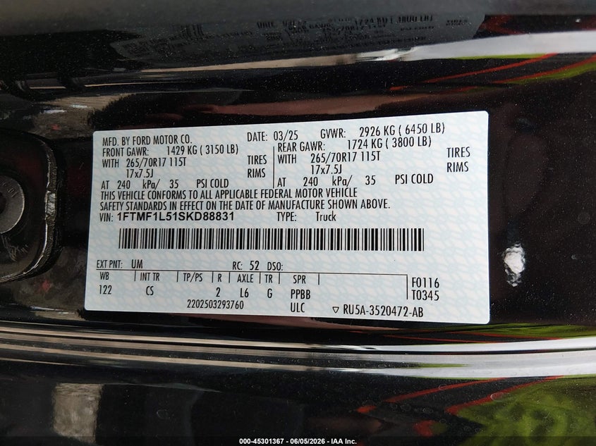 2025 Ford F-150 VIN 1FTMF1L51SKD88831 IAAI salvage auction — FRONT END, Salvage Title, sold $15,100 on 2026-07-25 (photo 9)