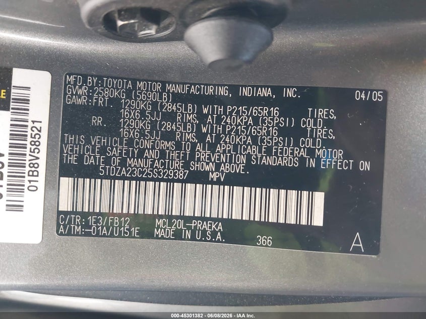 2005 Toyota Sienna VIN 5TDZA23C25S329387 IAAI salvage auction — SIDE, Salvage (California), sold $825 on 2026-07-16 (photo 9)