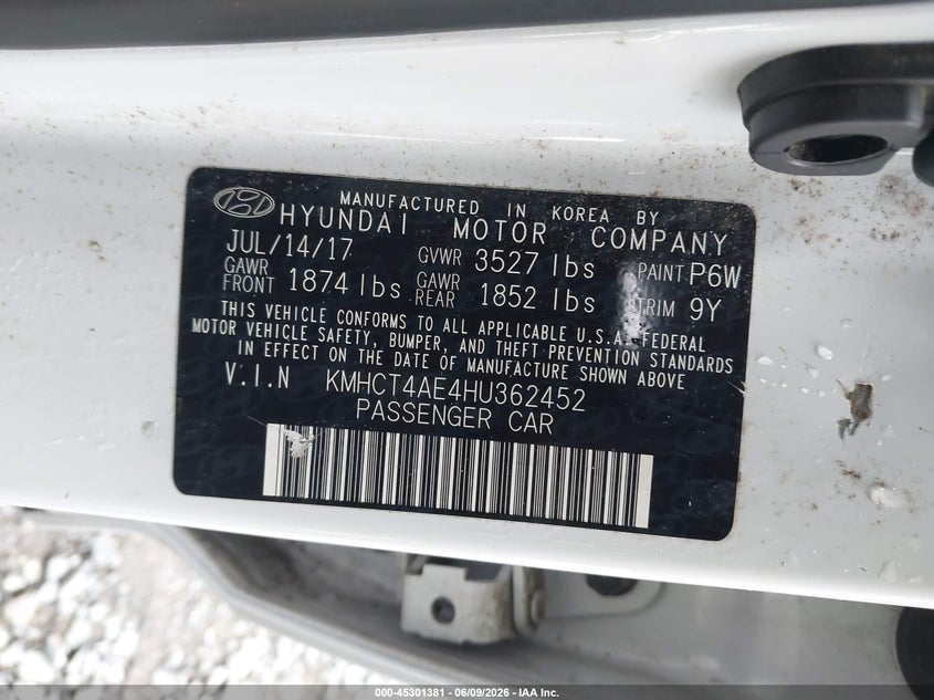 2017 Hyundai Accent VIN KMHCT4AE4HU362452 IAAI salvage auction — REAR END, Salvage Title, sold $1,100 on 2026-07-22 (photo 9)