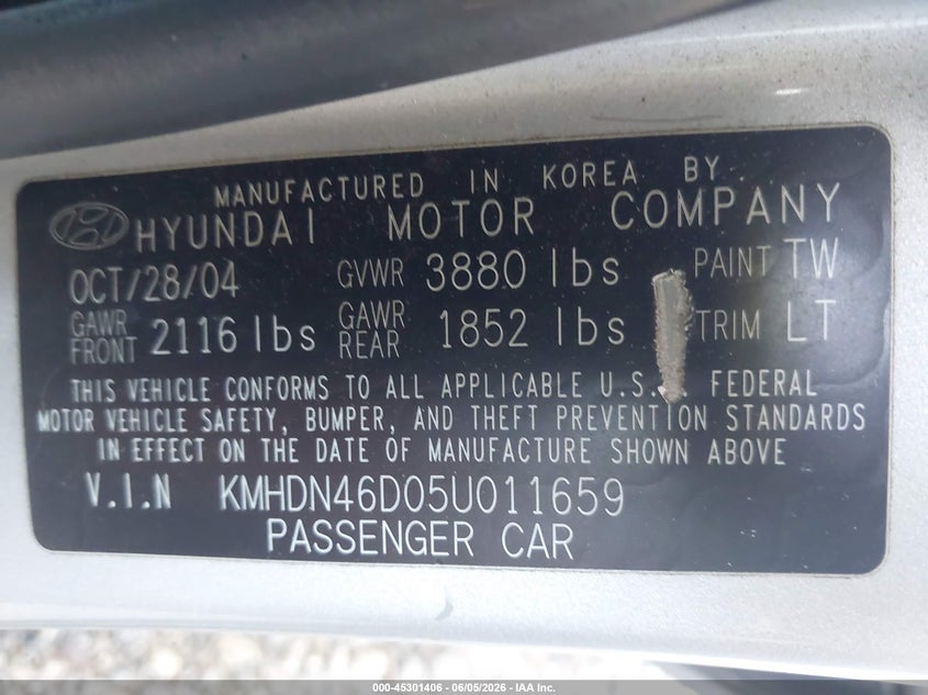 2005 Hyundai Elantra VIN KMHDN46D05U011659 IAAI salvage auction — SIDE, Salvage (New Jersey), sold $850 on 2026-07-13 (photo 9)