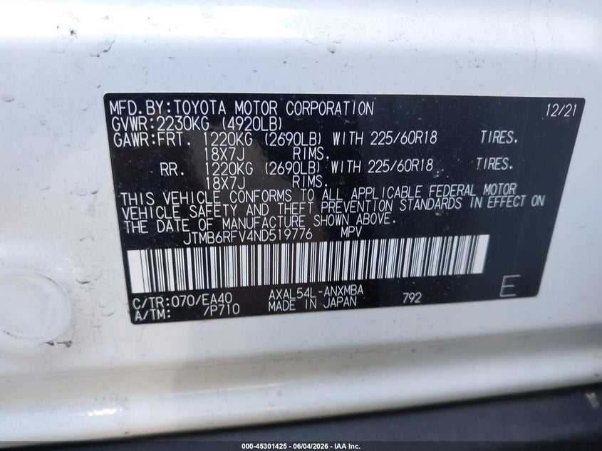 2022 Toyota Rav 4 VIN JTMB6RFV4ND519776 IAAI salvage auction — LEFT FRONT, Salvage Title, sold $12,100 on 2026-07-09 (photo 9)