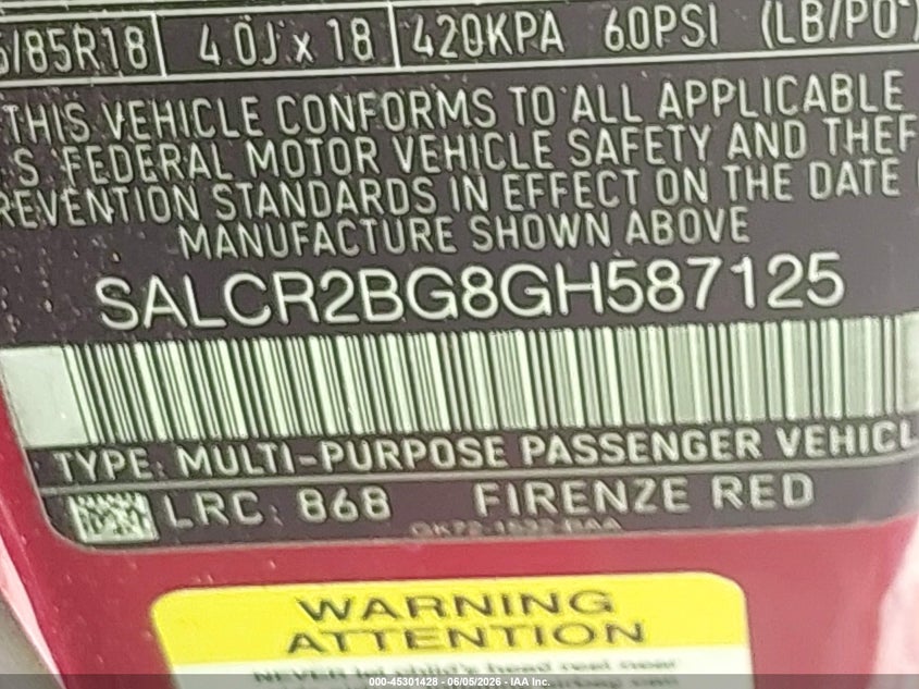 2016 Land rover Discovery sport VIN SALCR2BG8GH587125 IAAI salvage auction — NORMAL WEAR, Original (Texas), sold $1,050 on 2026-07-10 (photo 9)