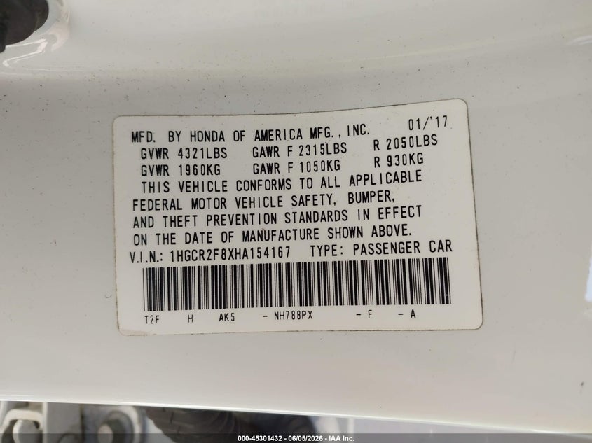2017 Honda Accord VIN 1HGCR2F8XHA154167 IAAI salvage auction — FRONT END, Salvage Title, sold $1,875 on 2026-07-22 (photo 9)