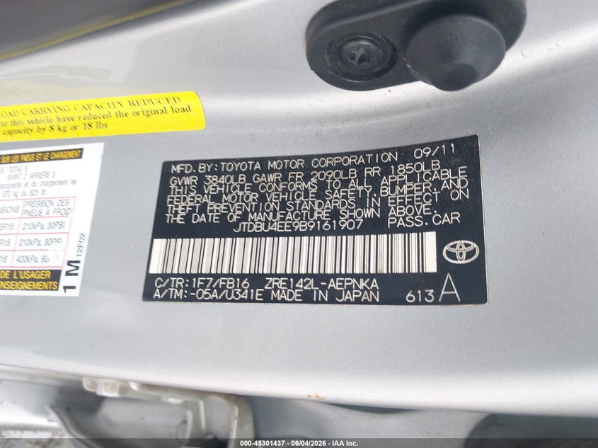 2011 Toyota Corolla VIN JTDBU4EE9B9161907 IAAI salvage auction — FRONT END, Original (Texas), sold $1,050 on 2026-07-09 (photo 9)