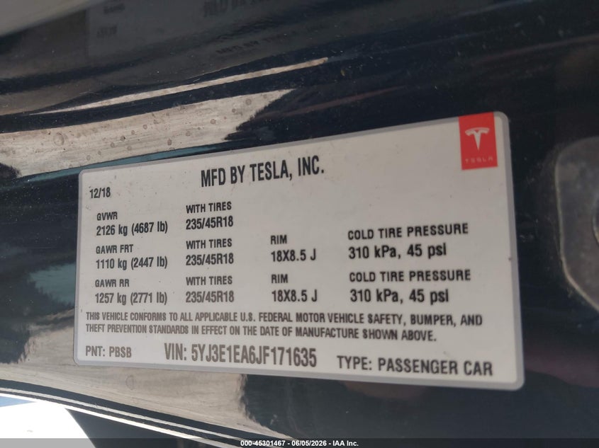 2018 Tesla Model 3 VIN 5YJ3E1EA6JF171635 IAAI salvage auction — RIGHT SIDE, Salvage Title, sold $2,850 on 2026-07-23 (photo 9)