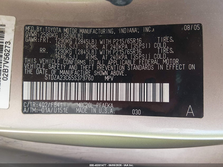 2005 Toyota Sienna VIN 5TDZA23C65S379760 IAAI salvage auction — FRONT END, Rebuildable (Florida), sold $575 on 2026-07-09 (photo 9)