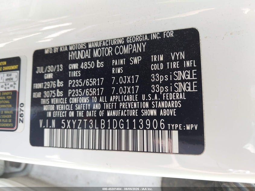 2013 Hyundai Santa fe VIN 5XYZT3LB1DG113906 IAAI salvage auction — FRONT END, Salvage Title, sold $1,650 on 2026-07-20 (photo 9)