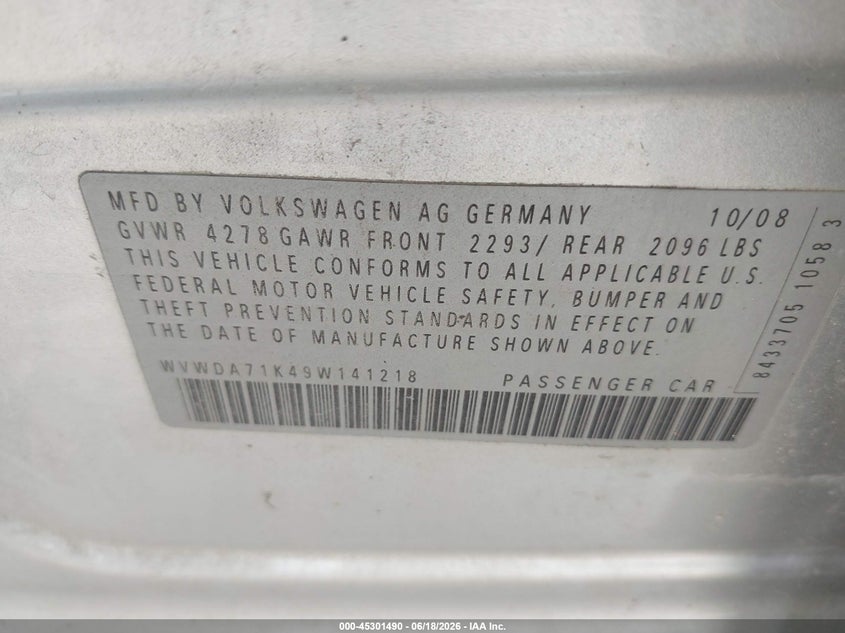 2009 Volkswagen Golf VIN WVWDA71K49W141218 IAAI salvage auction — LEFT FRONT, Clear (Indiana), sold $200 on 2026-07-15 (photo 9)