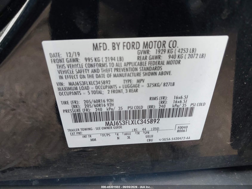 2020 Ford Ecosport VIN MAJ6S3FLXLC345892 IAAI salvage auction — SIDE, Salvage Title, sold $25 on 2026-07-21 (photo 9)