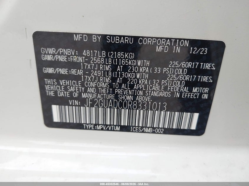 2024 Subaru Xv VIN JF2GUADC0R8331013 IAAI salvage auction — FRONT END, Salvage Title, sold $2,250 on 2026-07-16 (photo 9)