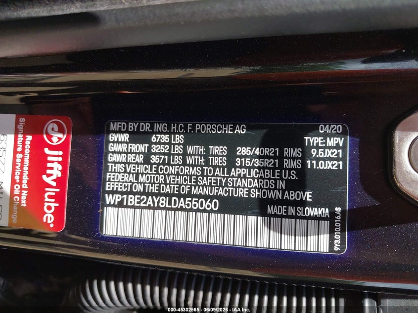2020 Porsche Cayenne coupe VIN WP1BA2AYXLDA46789 IAAI salvage auction — RIGHT SIDE, Salvage Title, sold $24,200 on 2026-07-20 (photo 9)