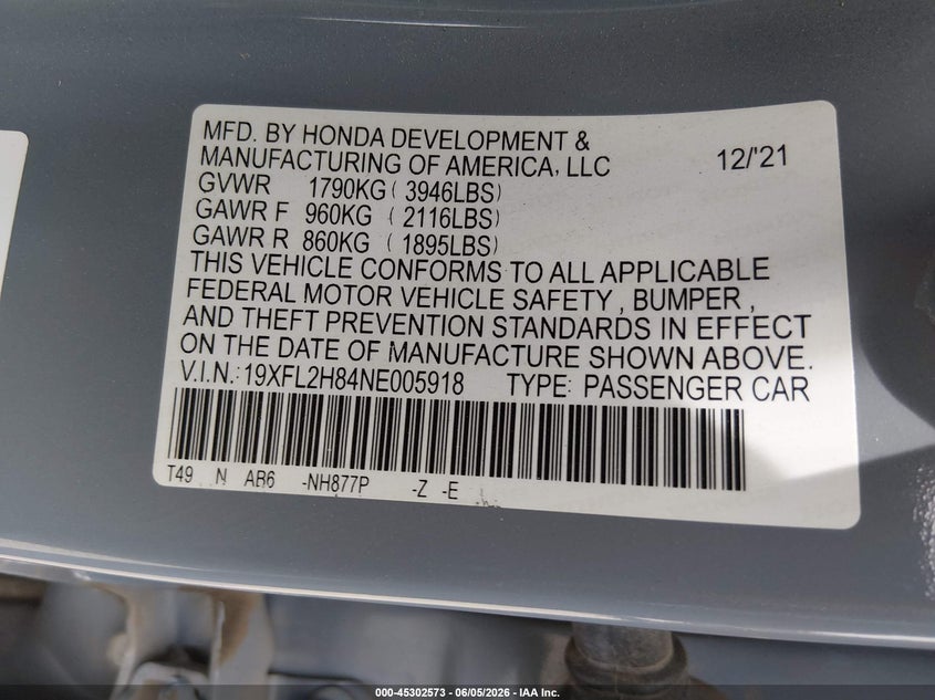 2022 Honda Civic VIN 19XFL2H84NE005918 IAAI salvage auction — RIGHT FRONT, Salvage Title, sold $5,300 on 2026-07-24 (photo 9)
