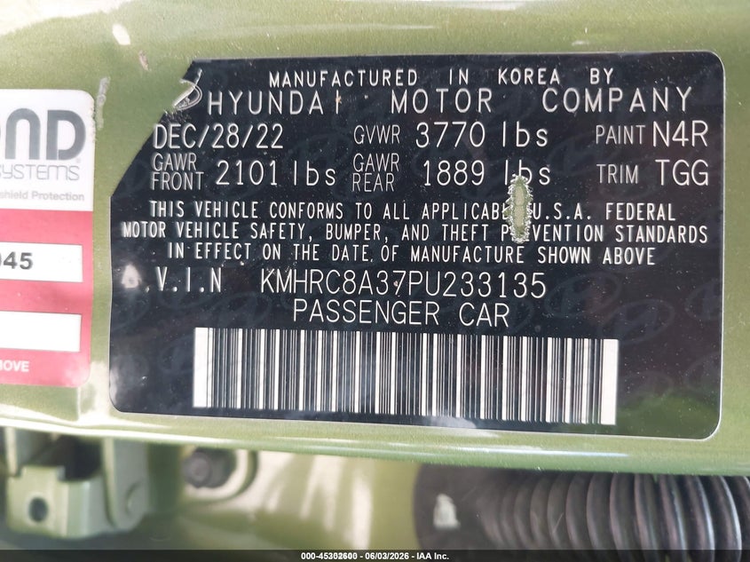 2023 Hyundai Venue VIN KMHRC8A37PU233135 IAAI salvage auction — FRONT END, Original (Texas), sold $425 on 2026-07-14 (photo 9)