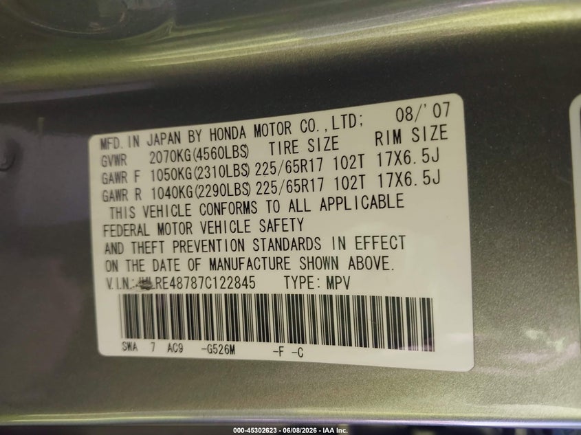 2007 Honda Cr-v VIN JHLRE48787C122845 IAAI salvage auction — NORMAL WEAR, Clear-Dealer Only (Arizona), sold $1,375 on 2026-07-07 (photo 9)