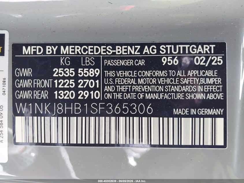 2025 Mercedes-benz VIN W1NKJ8HB1SF365306 IAAI salvage auction — LEFT FRONT, Salvage Title, sold $47,150 on 2026-07-08 (photo 9)