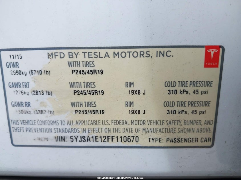 2015 Tesla Model s VIN 5YJSA1E12FF110670 IAAI salvage auction — FRONT END, Salvage Title, sold $4,500 on 2026-07-07 (photo 9)