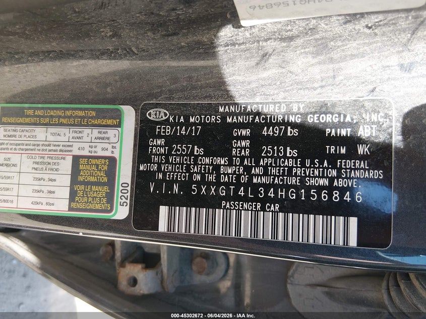 2017 Kia Optima VIN 5XXGT4L34HG156846 IAAI salvage auction — NORMAL WEAR, Original (New Hampshire), sold $425 on 2026-07-08 (photo 9)