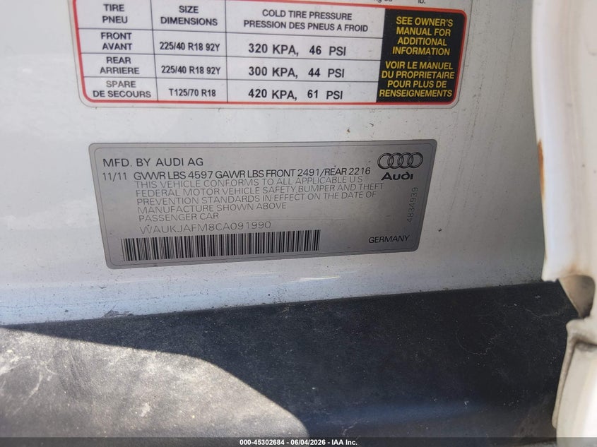 2012 Audi A3 VIN WAUKJAFM8CA091990 IAAI salvage auction — RIGHT FRONT, Salvage Title, sold $1,050 on 2026-07-14 (photo 9)