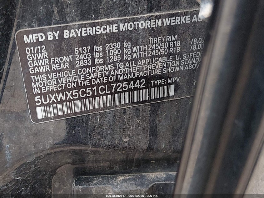 2012 BMW X3 VIN 5UXWX5C51CL725442 IAAI salvage auction — RIGHT FRONT, Salvage Title, sold $425 on 2026-07-10 (photo 9)