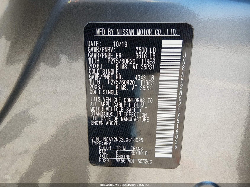 2020 Nissan Armada VIN JN8AY2NC2LX518025 IAAI salvage auction — REAR END, Salvage Title, sold $9,450 on 2026-07-22 (photo 9)