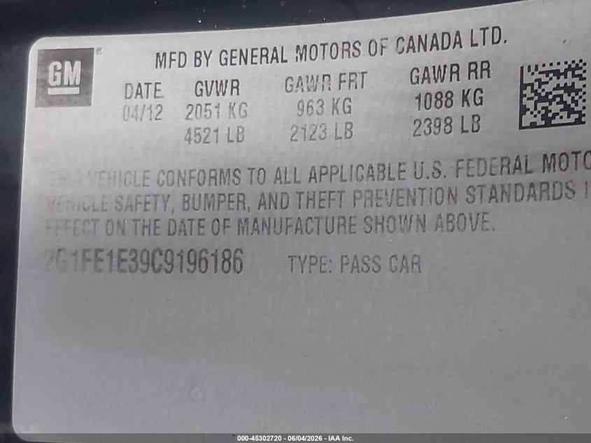 2012 Chevrolet Camaro VIN 2G1FE1E39C9196186 IAAI salvage auction — RIGHT SIDE, Salvage Title, sold $900 on 2026-07-09 (photo 9)