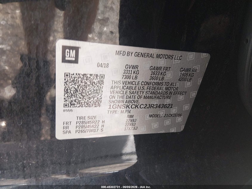 2018 Chevrolet Tahoe VIN 1GNSKCKC2JR343621 IAAI salvage auction — RIGHT SIDE, Salvage Title, sold $5,500 on 2026-07-25 (photo 9)