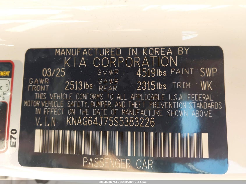 2025 Kia K5 VIN KNAG64J75S5383226 IAAI salvage auction — ROOF, Salvage Title, sold $9,400 on 2026-07-09 (photo 9)
