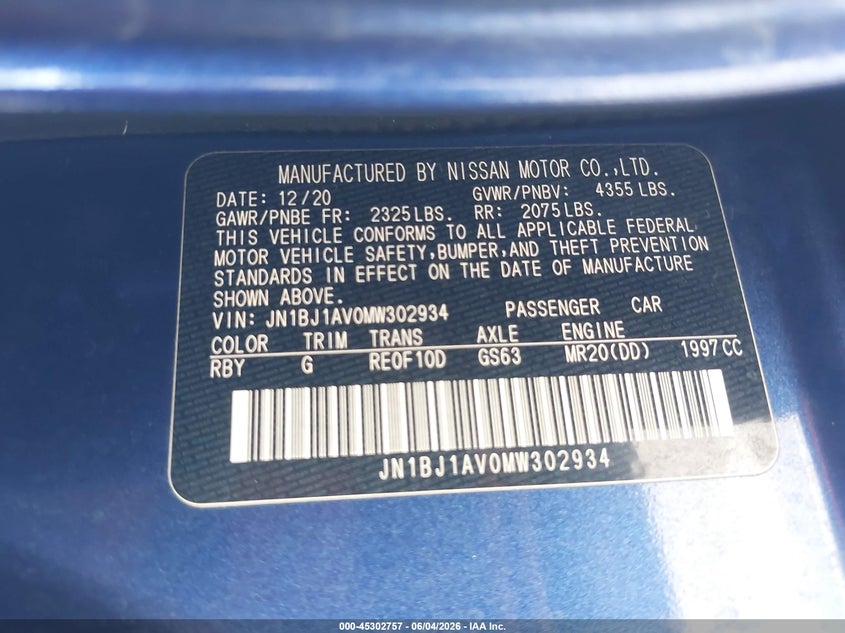 2021 Nissan Rogue VIN JN1BJ1AV0MW302934 IAAI salvage auction — FRONT END, Salvage Title, sold $2,100 on 2026-07-14 (photo 9)