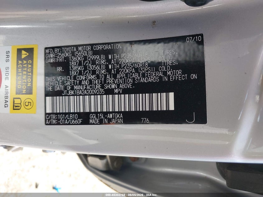 2010 Lexus Rx 350 VIN JTJBK1BA2A2009235 IAAI salvage auction — SIDE, Mv-907A (New York), sold $5,650 on 2026-07-07 (photo 9)