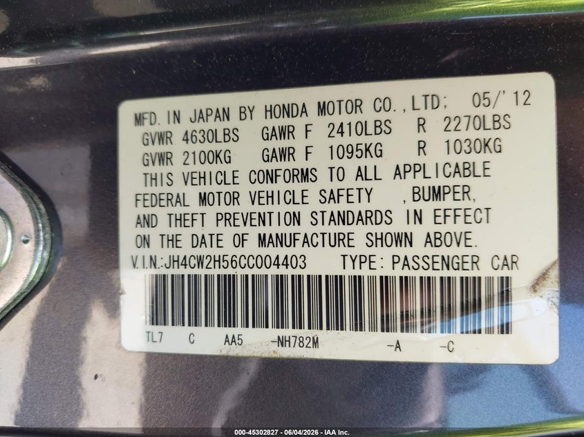2012 Acura Tsx VIN JH4CW2H56CC004403 IAAI salvage auction — FRONT END, Salvage (Georgia), sold $2,500 on 2026-07-09 (photo 9)